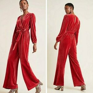 Anthropologie Red Velvet Jumpsuit